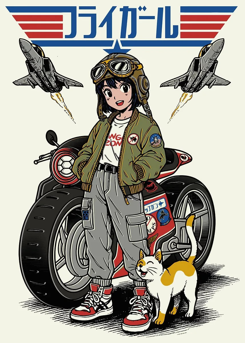 Illustration of a character in a green jacket with a motorcycle and cat, with fighter jets and Japanese text in the background.