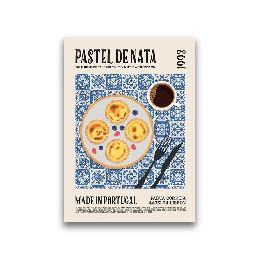 Product packaging for Pastel de Nata with a plate of pastel and coffee, set against a decorative tile pattern.