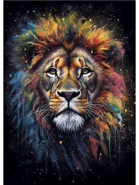 Colorful lion painting on a dark background