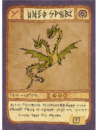 Fantasy dragon illustration on a textured card with decorative elements