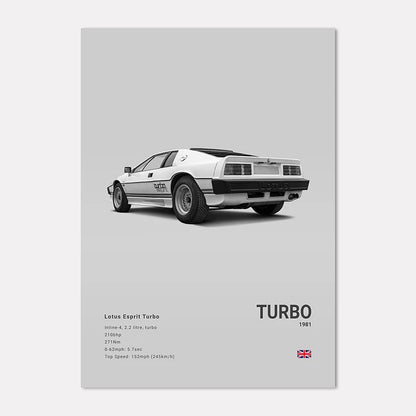 Poster of a Lotus Esprit Turbo with specifications on a gray background