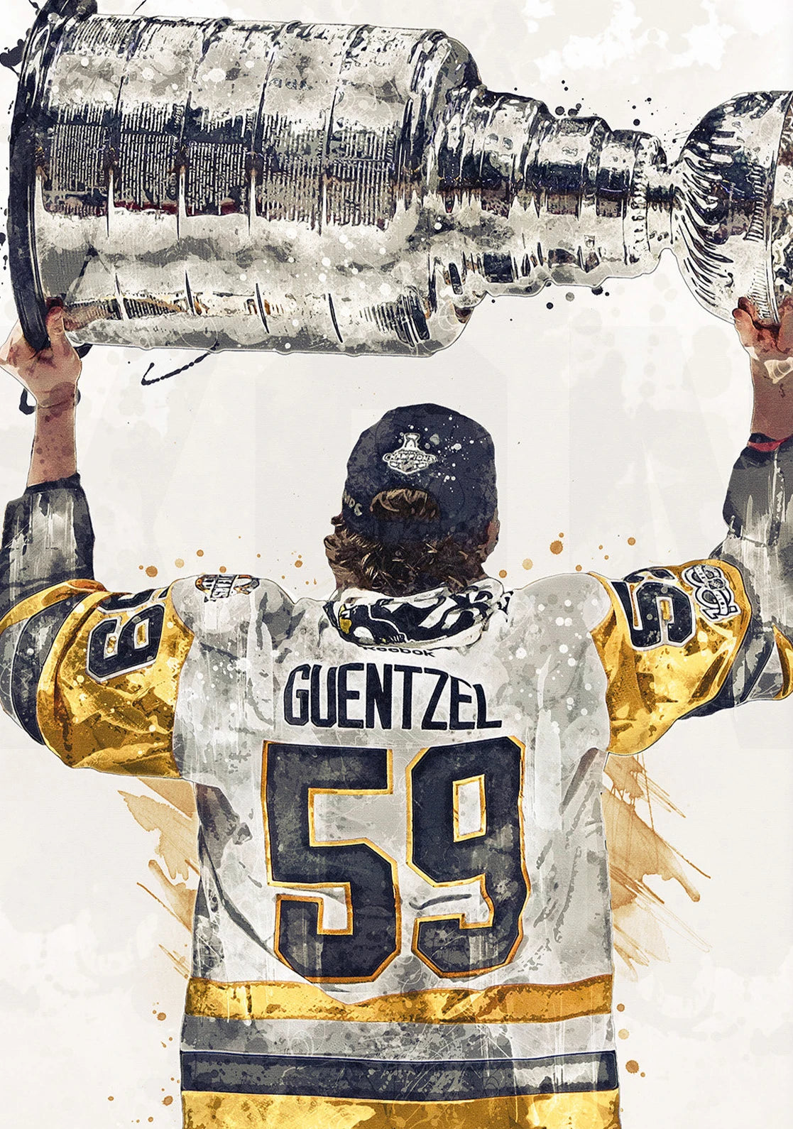 Hockey player holding the Stanley Cup with 'Guentzel' and number '59' on the back.