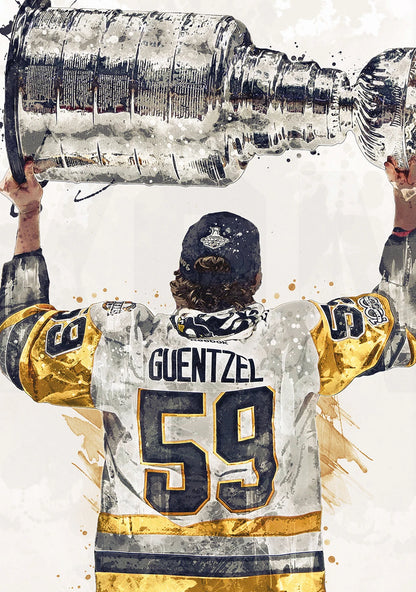 Hockey player holding the Stanley Cup with 'Guentzel' and number '59' on the back.
