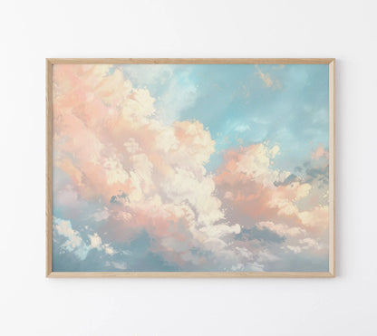 Framed artwork of a sky with clouds on a white wall