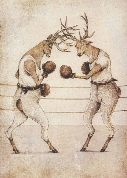 Two deer with boxing gloves facing each other on a textured background