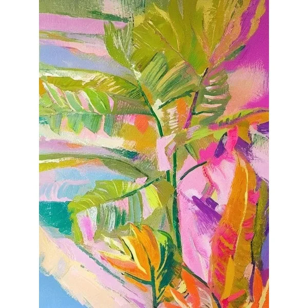 Colorful abstract painting with leaves and flowers