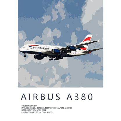 Airbus A380 airplane flying against a blue sky with clouds, featuring British Airways branding.