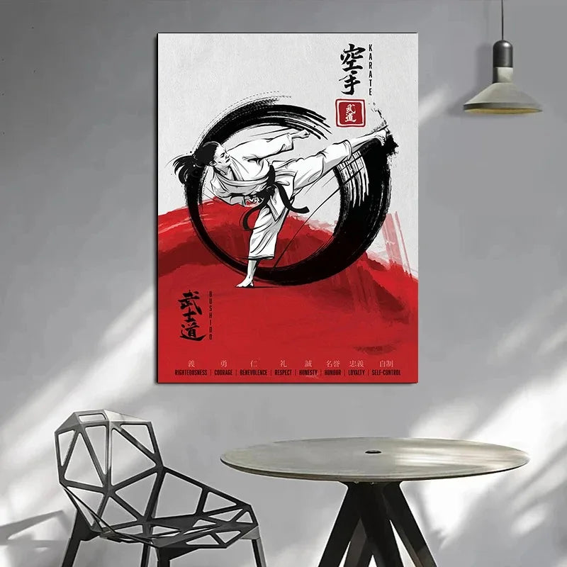 Artistic depiction of a martial artist in a dynamic pose on a red and white background, hanging on a wall above a table and chair.