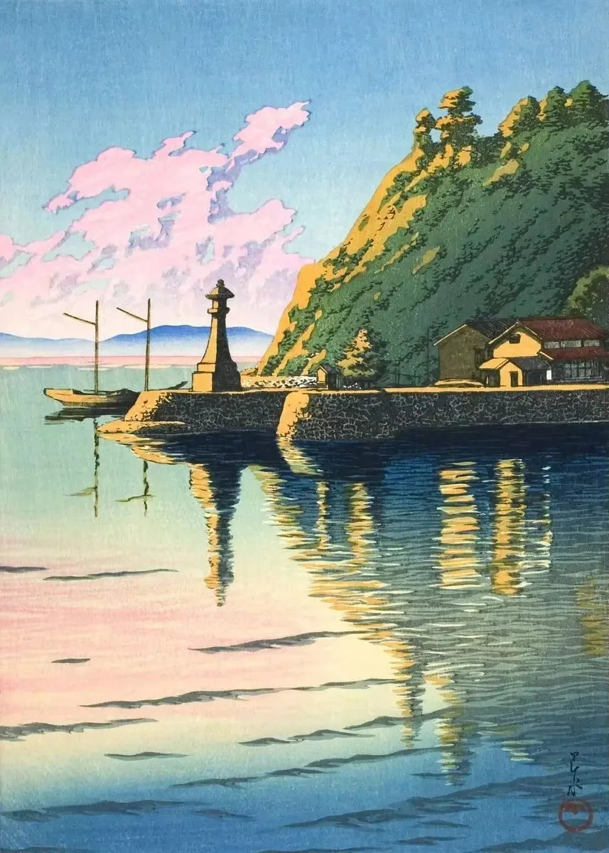 Scenic artwork of a coastal landscape with a lighthouse, boat, and hillside.