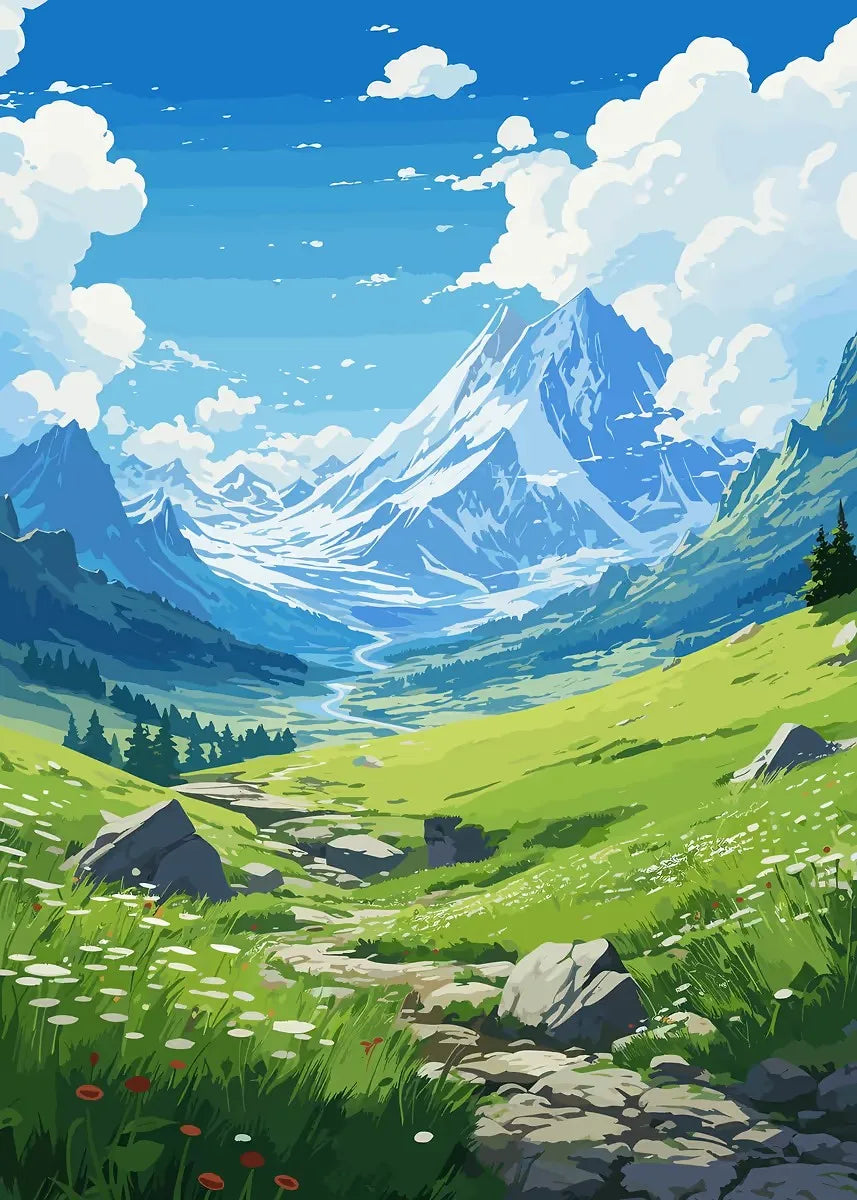 Scenic view of mountains with green valleys and blue sky