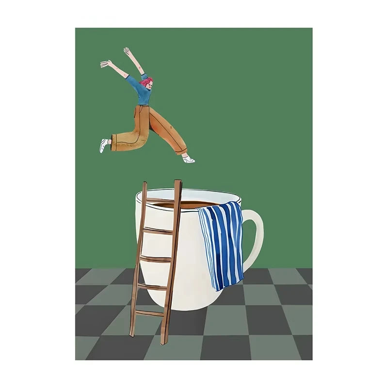 Illustration of a person climbing a ladder to reach a large cup with a towel on a green background.
