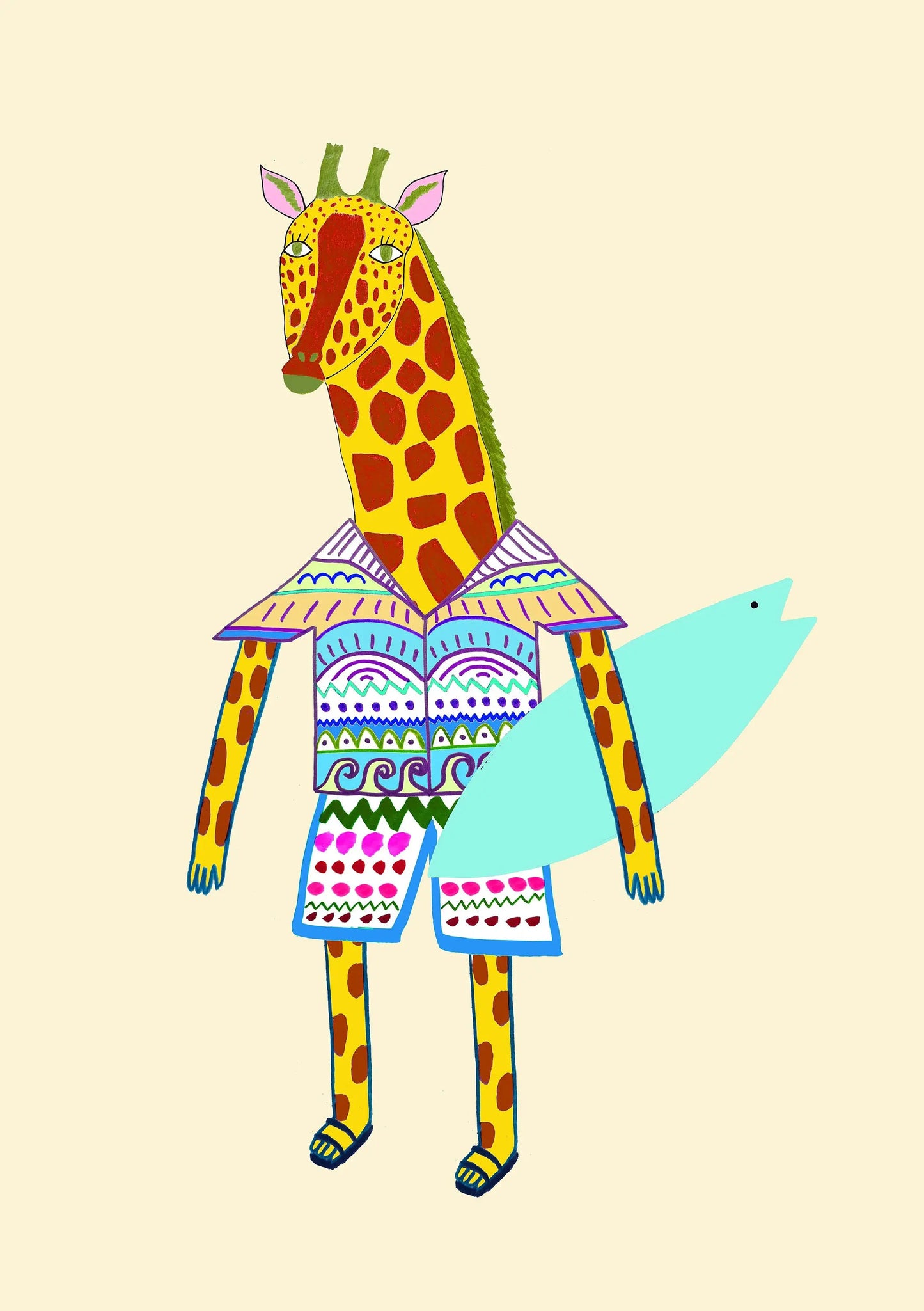 Colorful illustration of a giraffe with abstract patterns on a beige background