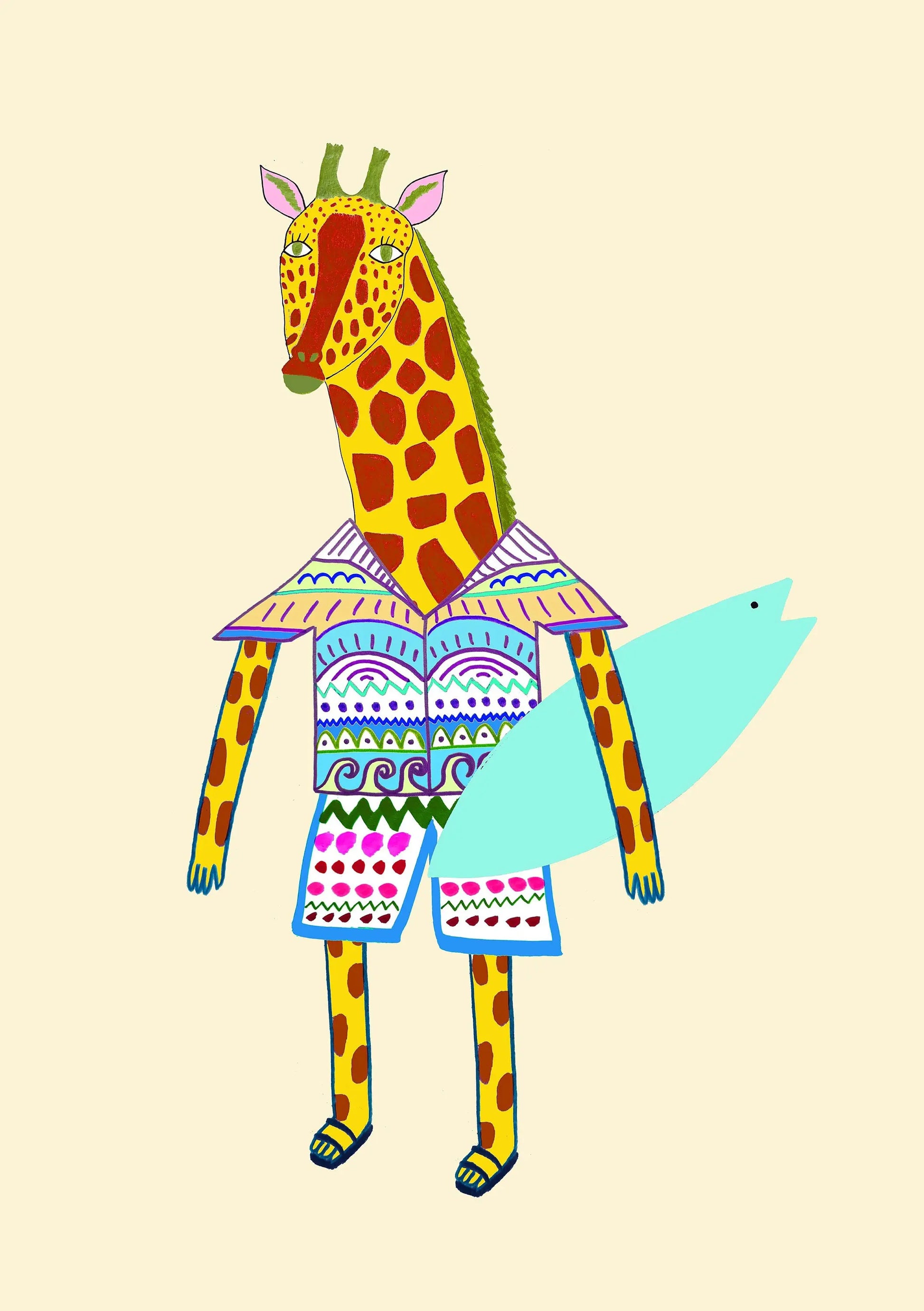 Colorful illustration of a giraffe with abstract patterns on a beige background
