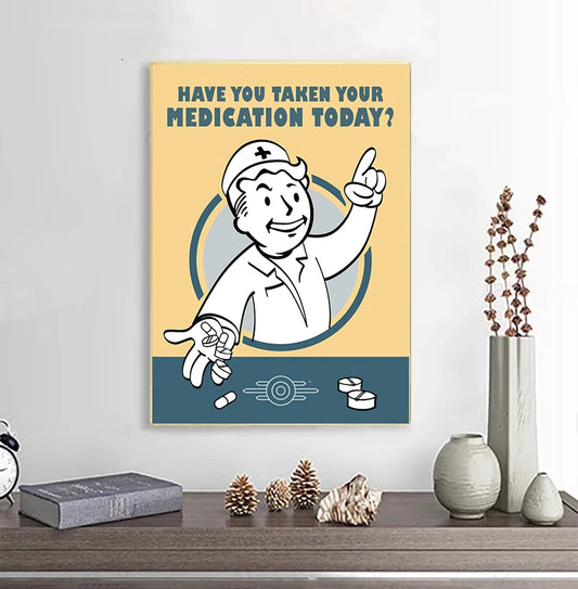Poster with cartoon doctor and text 'Have you taken your medication today?' on a wall above a shelf with decorative items. Canvas & Curio