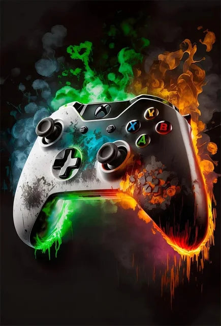 Gaming controller with colorful flames on a dark background