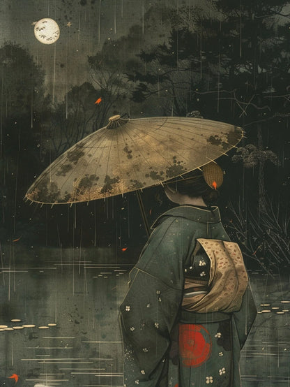 Person in traditional attire holding a large umbrella under a moonlit night with trees and water.