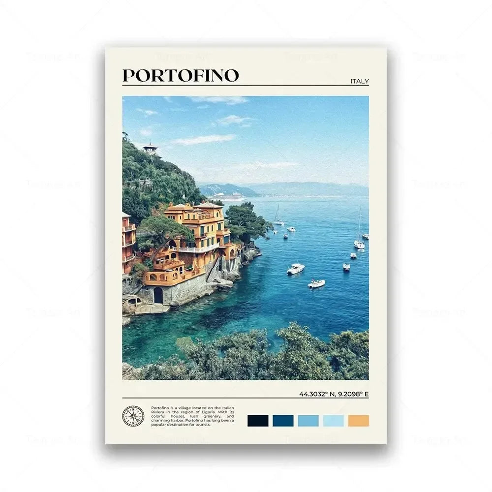 Poster of Portofino, Italy with scenic view and coastal houses.