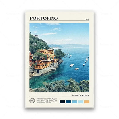 Poster of Portofino, Italy with scenic view and coastal houses.