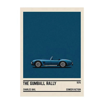 Poster of a blue convertible car with movie information below on a dark blue background