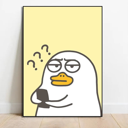 Framed artwork of a stylized duck with a confused expression on a yellow background Canvas & Curio