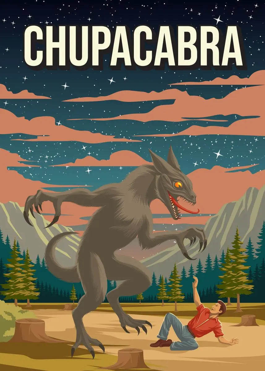 Illustration of a creature labeled 'Chupacabra' with a person in a red shirt below, set against a night sky with stars and clouds.