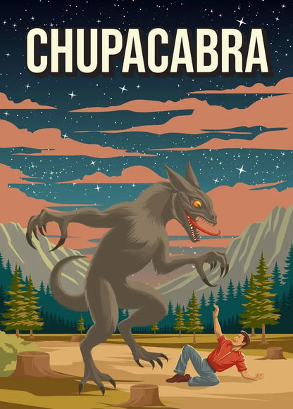 Illustration of a creature labeled 'Chupacabra' with a person in a red shirt below, set against a night sky with stars and clouds.