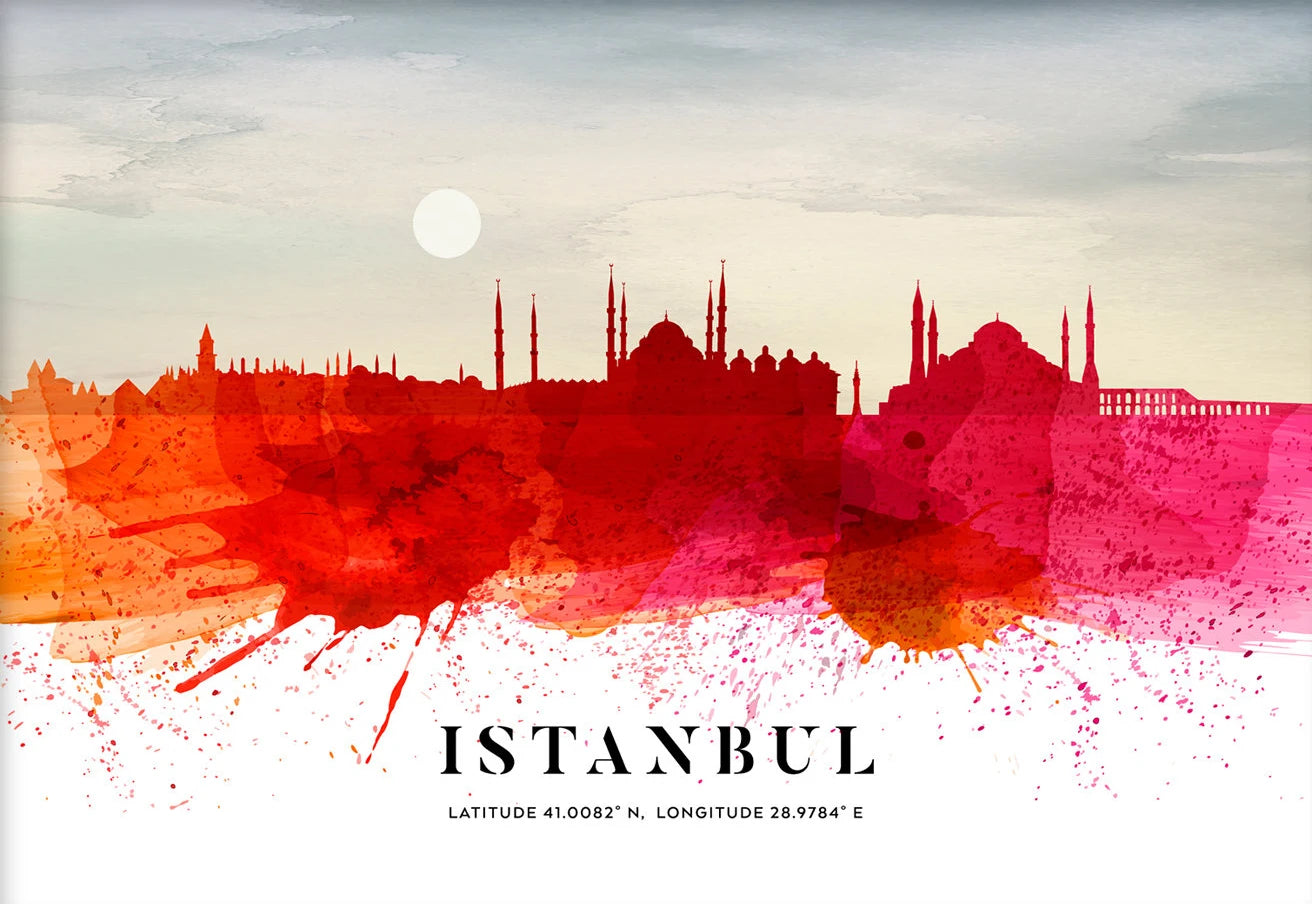 Artistic depiction of Istanbul skyline with watercolor effect on a light background