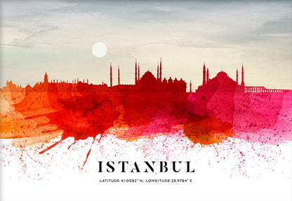Artistic depiction of Istanbul skyline with watercolor effect on a light background