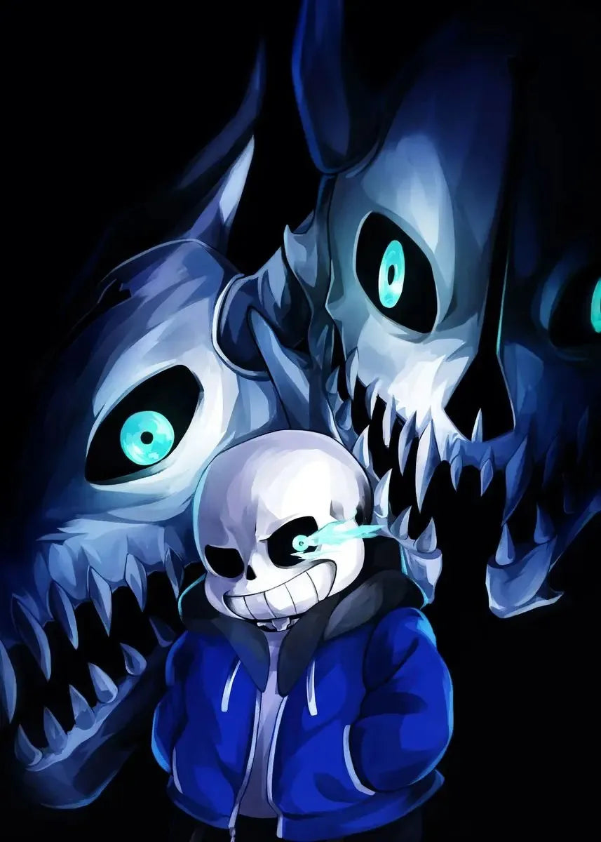 Cartoon character in a blue hoodie surrounded by large, menacing ghost-like creatures with glowing eyes on a black background.