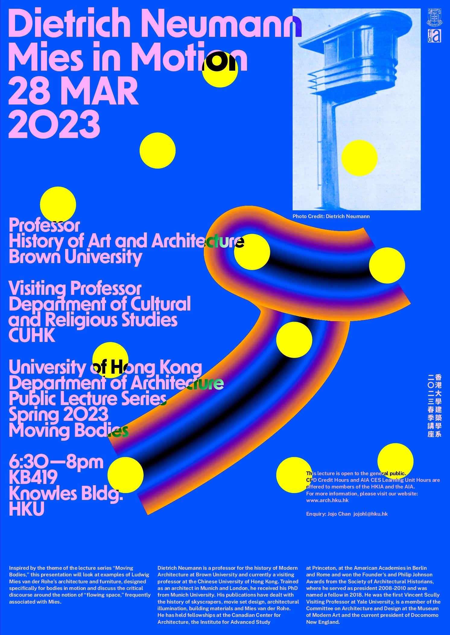Promotional poster for a lecture event featuring Dietrich Neumann on Mies in Motion, with abstract design elements and text.