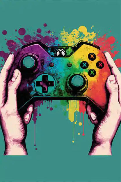 Colorful gaming controller held by hands with a splatter design on a teal background