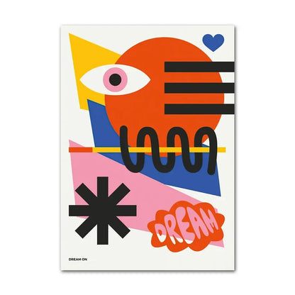 Colorful abstract design with geometric shapes and the word 'DREAM' on a white background
