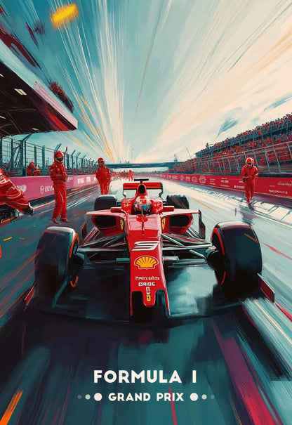 Red Formula 1 car on a racetrack with 'Shell' branding, surrounded by pit crew and grandstand.