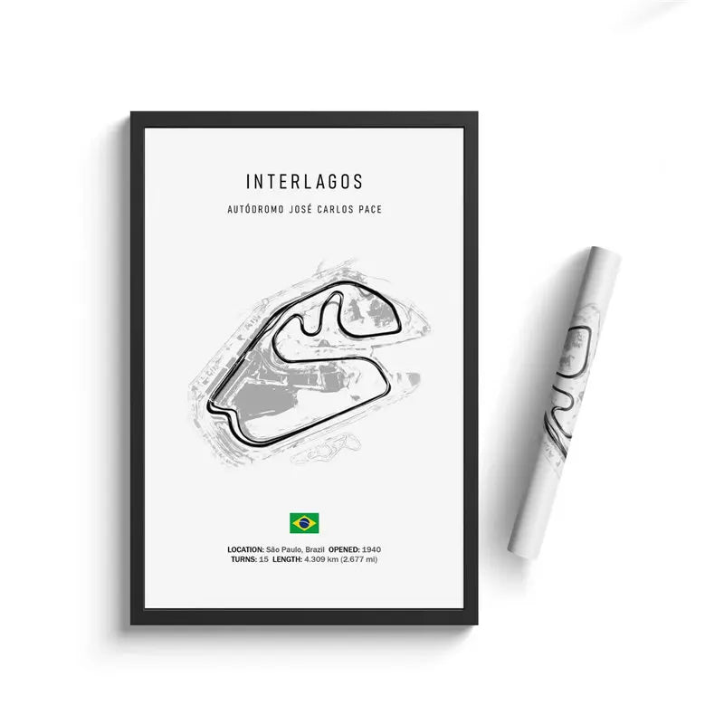 Framed poster of Interlagos race track layout with a pen on a white background