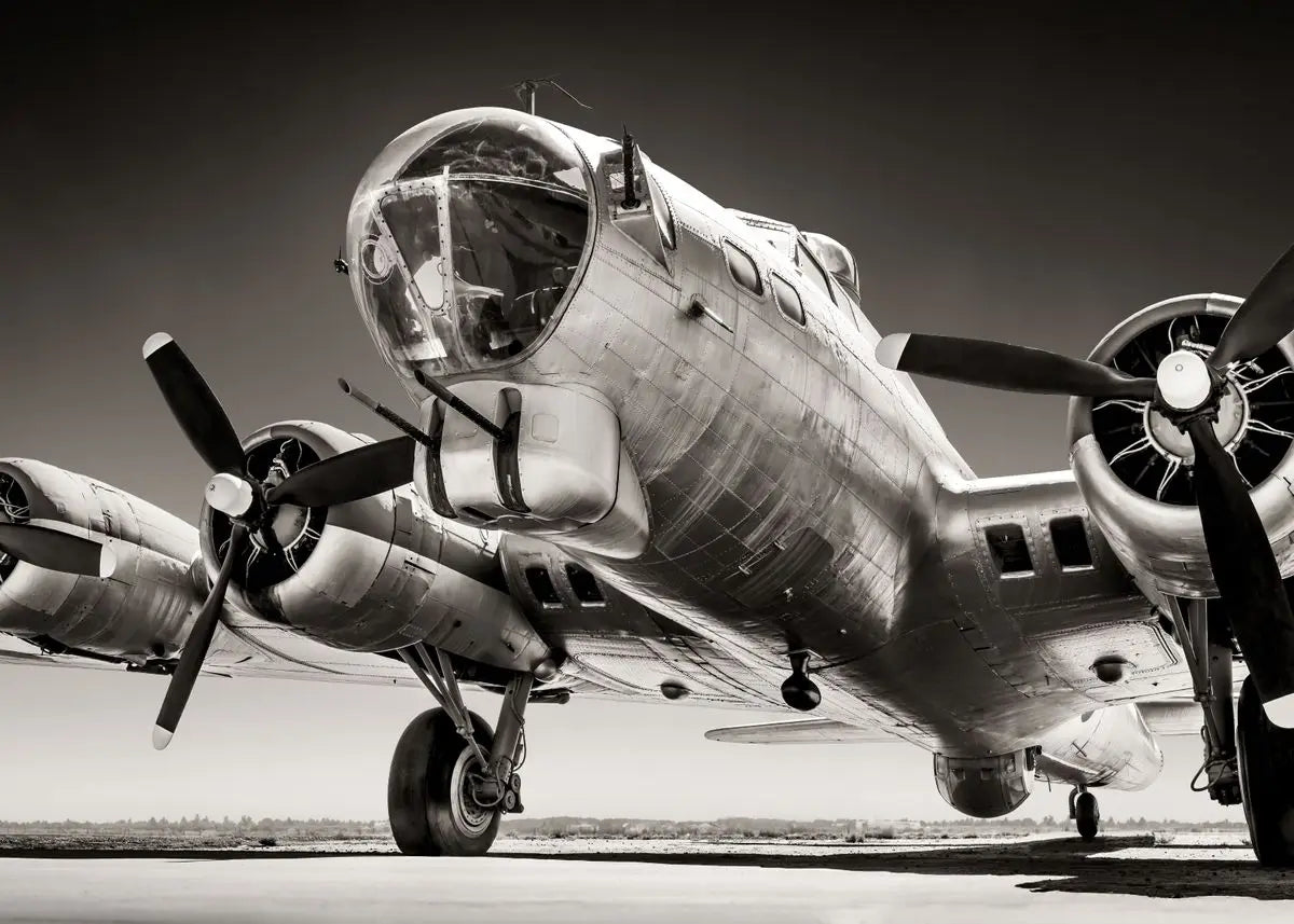 Vintage airplane on a runway with a black and white filter