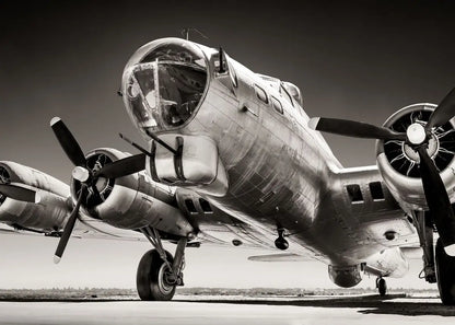 Vintage airplane on a runway with a black and white filter