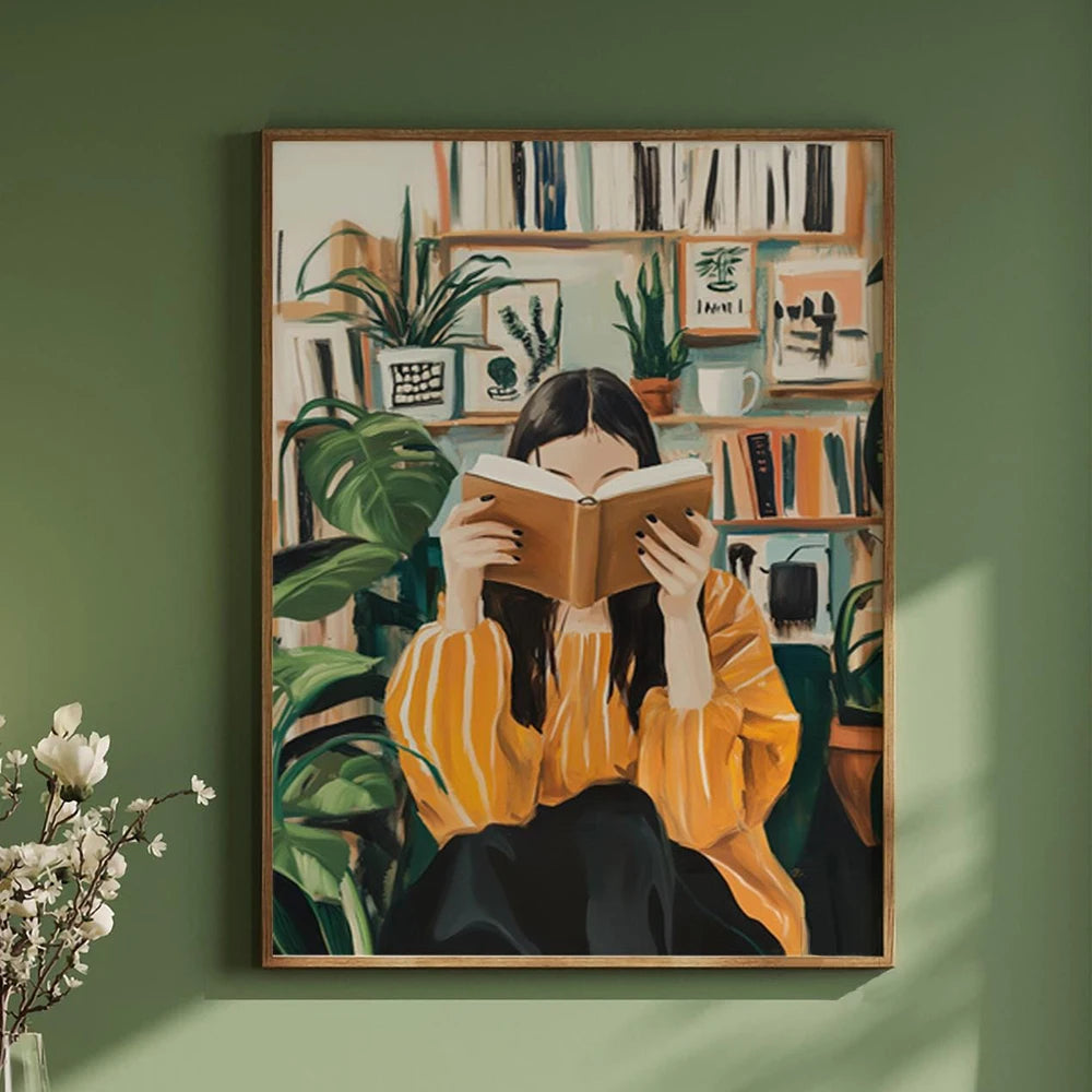 Framed artwork of a woman reading a book in a room with plants and books.
