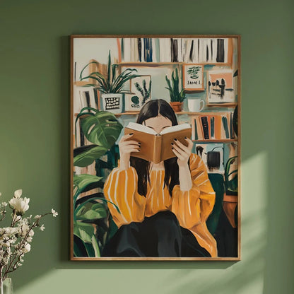 Framed artwork of a woman reading a book in a room with plants and books.