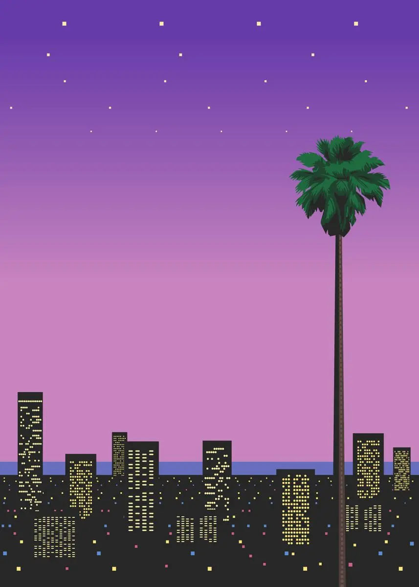 Pixelated cityscape with palm tree against a purple sky