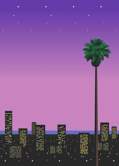 Pixelated cityscape with palm tree against a purple sky