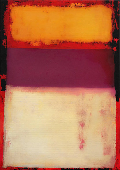 Abstract art with horizontal stripes of red, orange, and beige on a black background