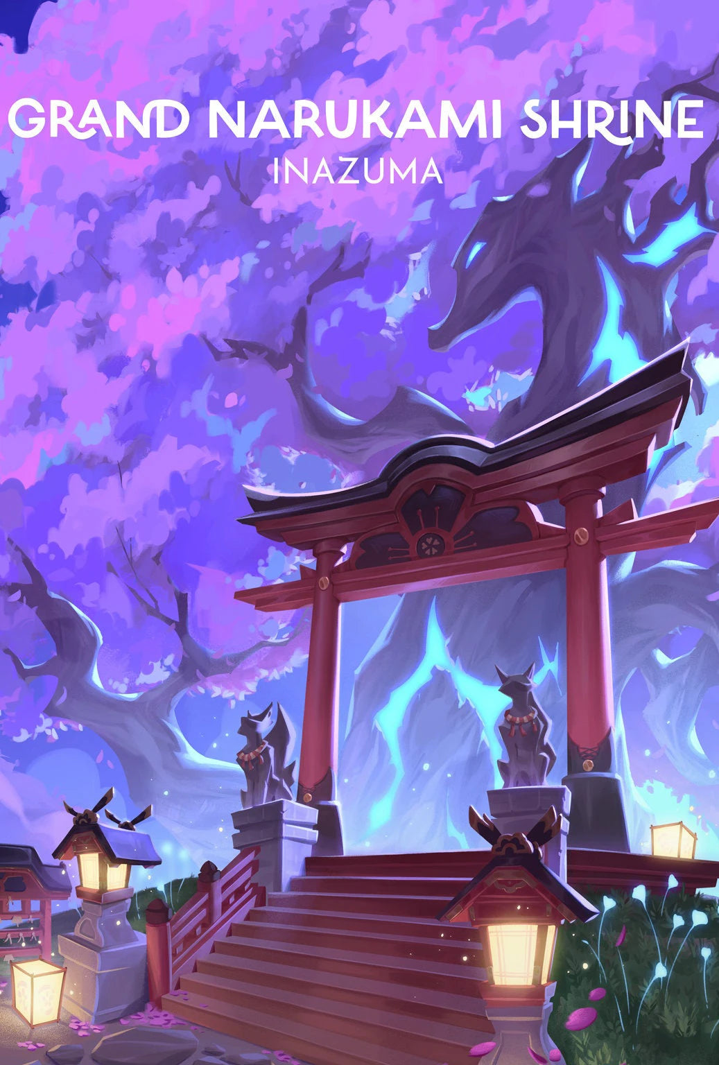 Illustration of a Japanese shrine with cherry blossom trees in the background