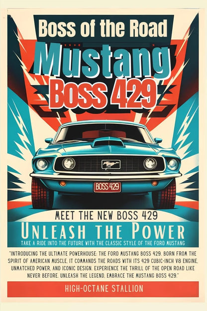 Vintage-style poster of a Ford Mustang Boss 429 with dynamic design elements.
