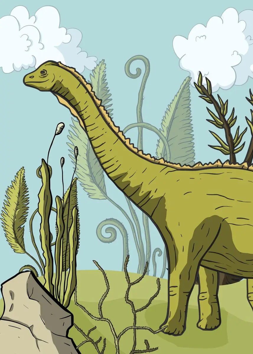 Illustration of a dinosaur in a prehistoric setting with plants and sky.
