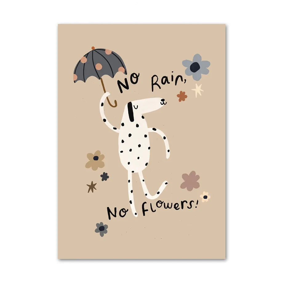 Poster with a dalmatian dog holding an umbrella and flowers on a beige background