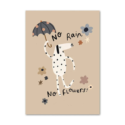 Poster with a dalmatian dog holding an umbrella and flowers on a beige background