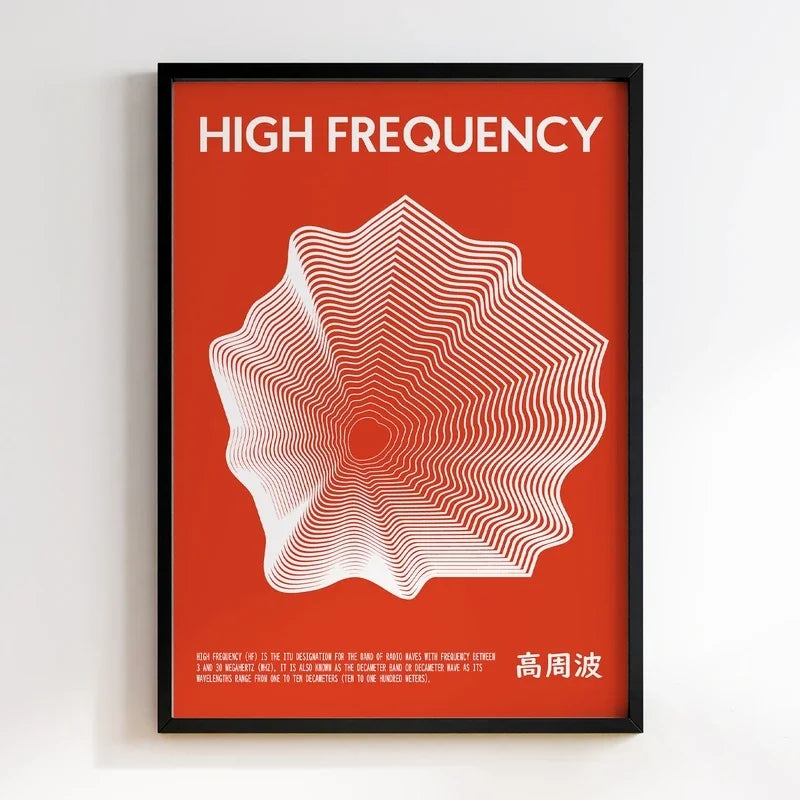 Framed poster with 'HIGH FREQUENCY' text and geometric design on a red background
