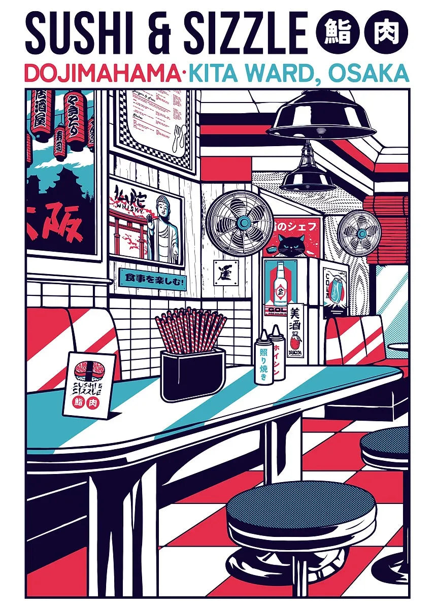 Illustration of a sushi restaurant interior with text indicating location in Osaka, Japan.