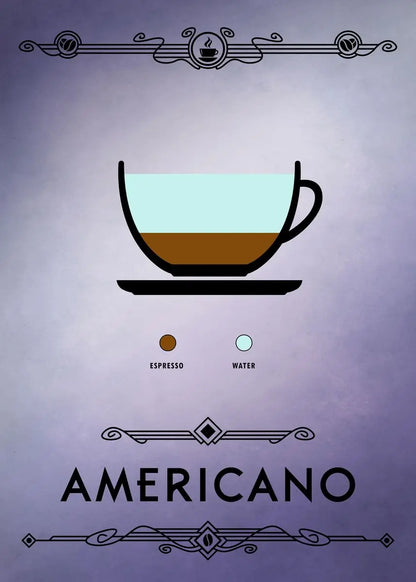 Illustration of an Americano coffee cup with espresso and water on a purple background.
