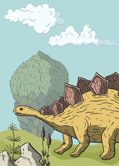 Cartoon Stegosaurus in a prehistoric landscape with mountains and clouds.